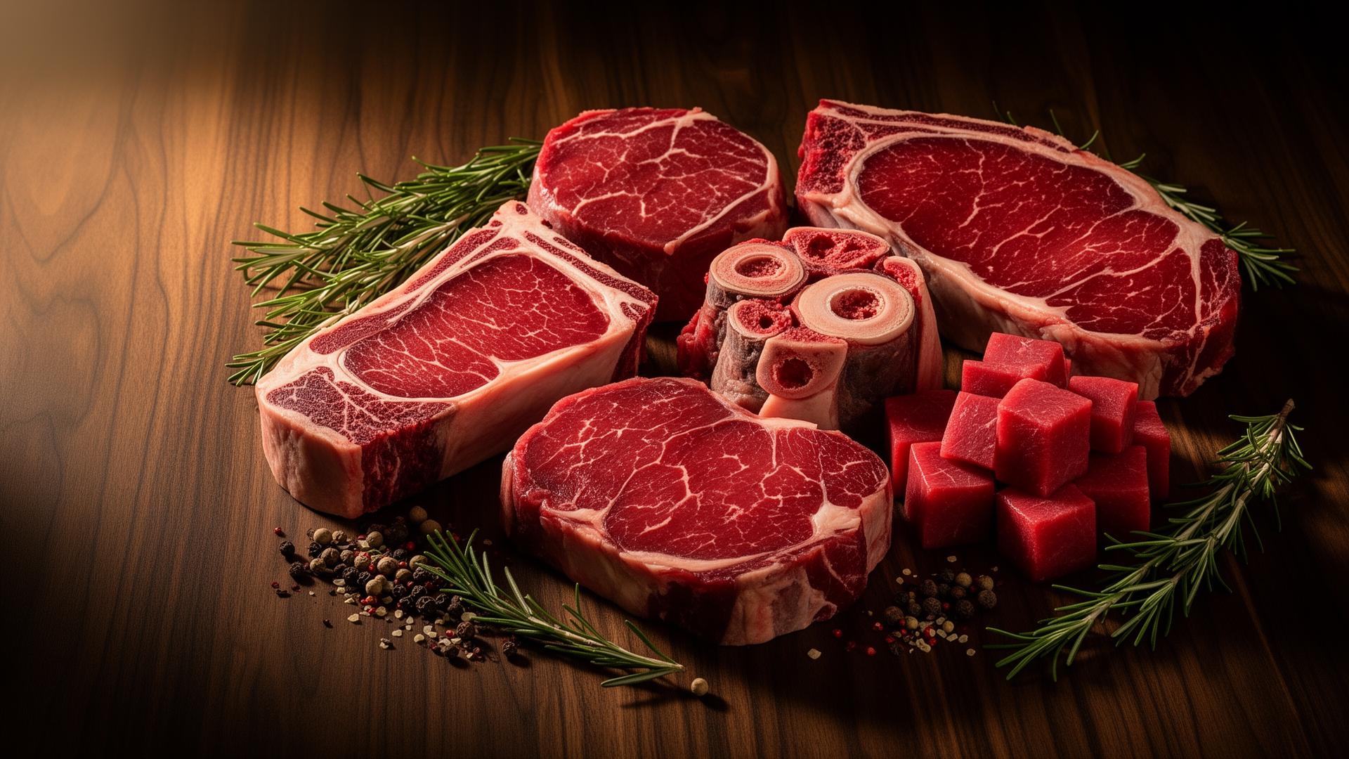 Premium KMC beef cuts on walnut